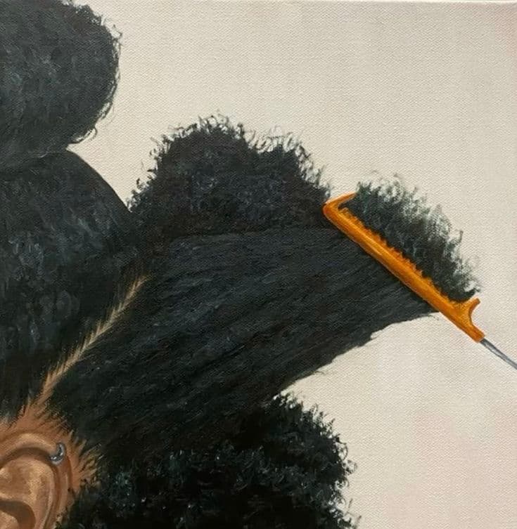 A painted study of a natural afro being combed — the ritual as art