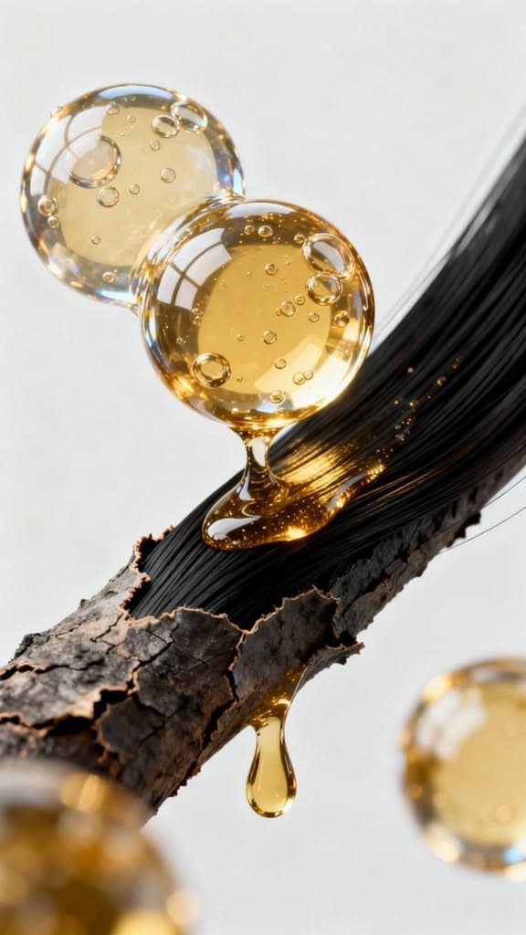 Oil droplets on the hair shaft — magnified